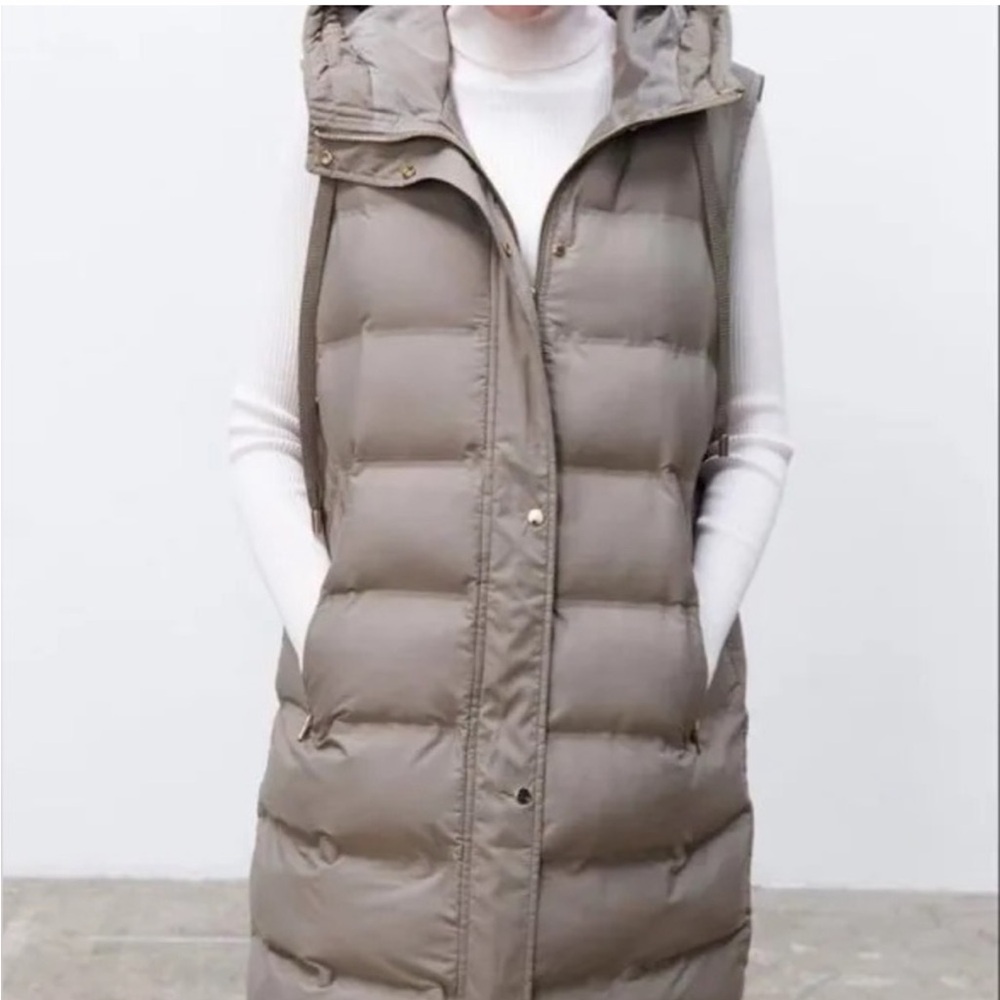 Zara Women's Tan Long Puffer Vest